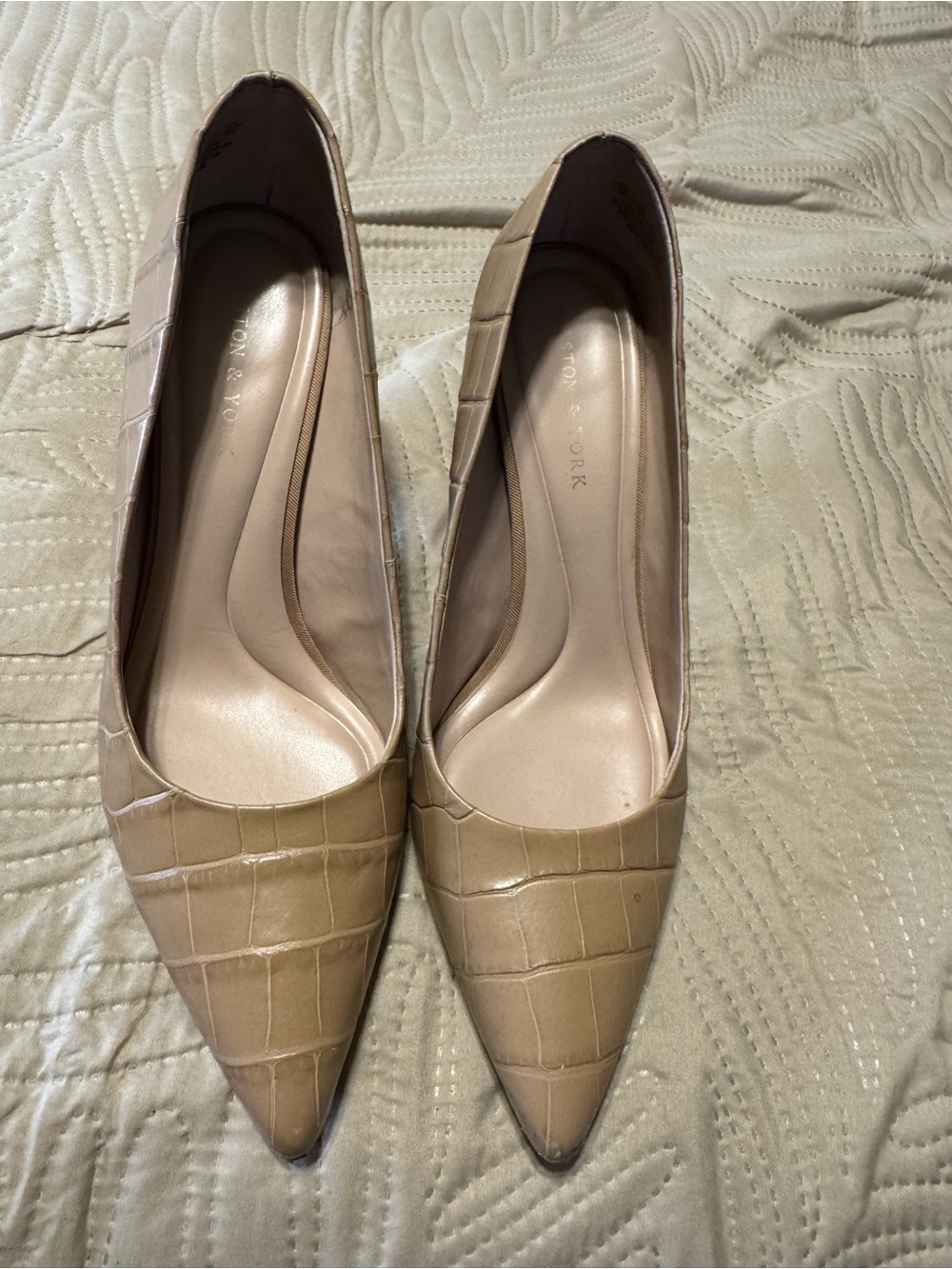 Preston & York Croc-Embossed Pointed Toe / 3” (wide) heels in Taupe 8M